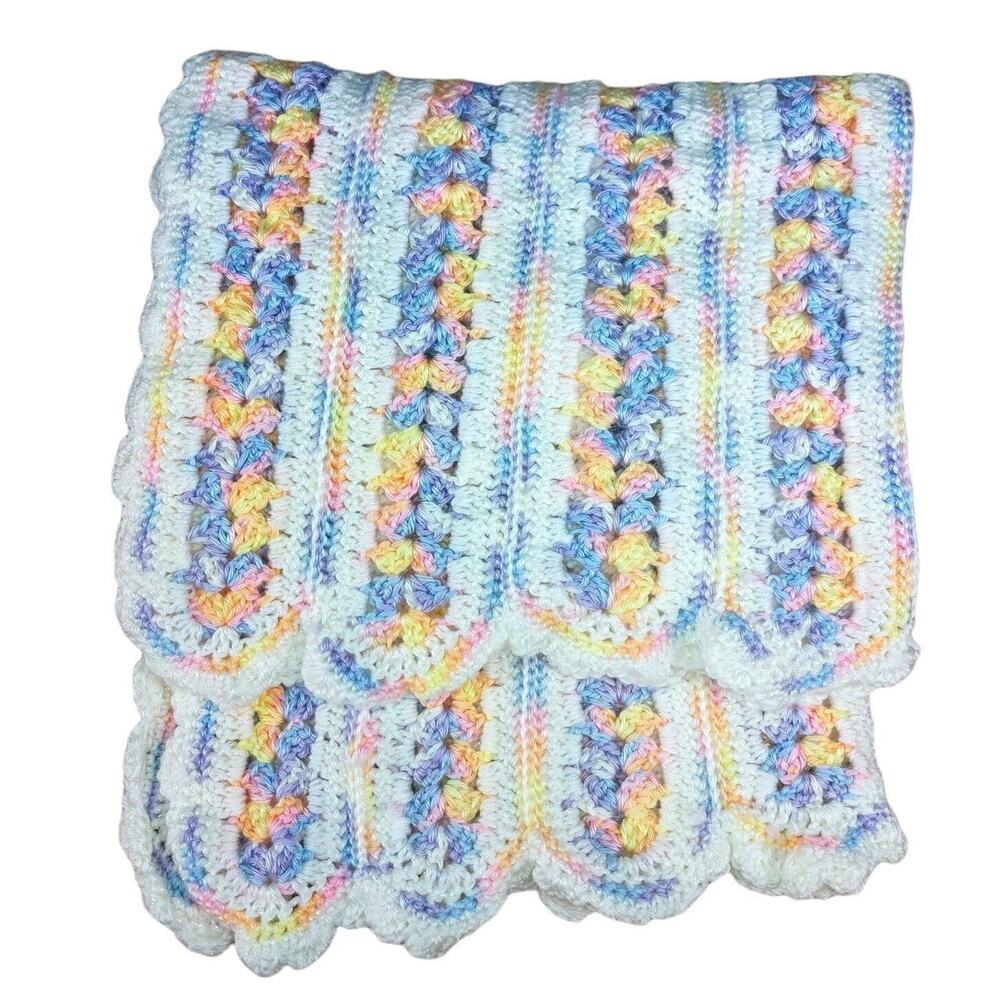 Handmade Crochet Baby Blanket Nursery Throw Pastel Sparkle Purple Yellow White